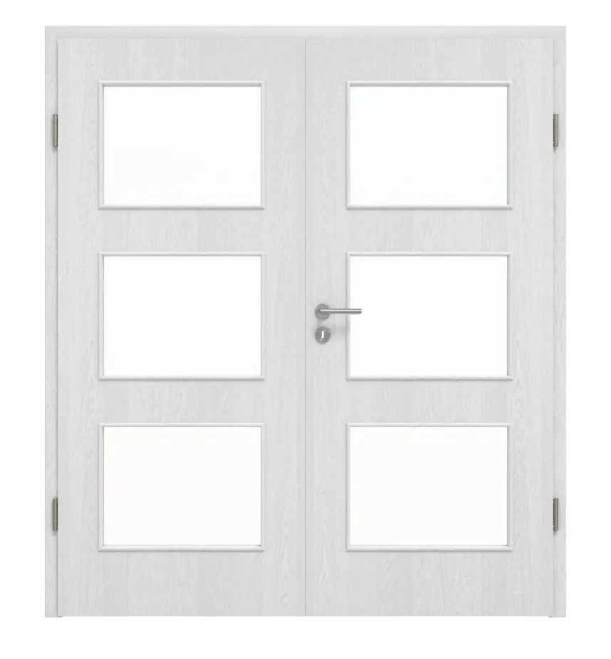 Widok frontowy drzwi dwuskrzydłowych marki Huga dąb biały Durat Basic z przeszkleniem LA 11 z ościeżnicą