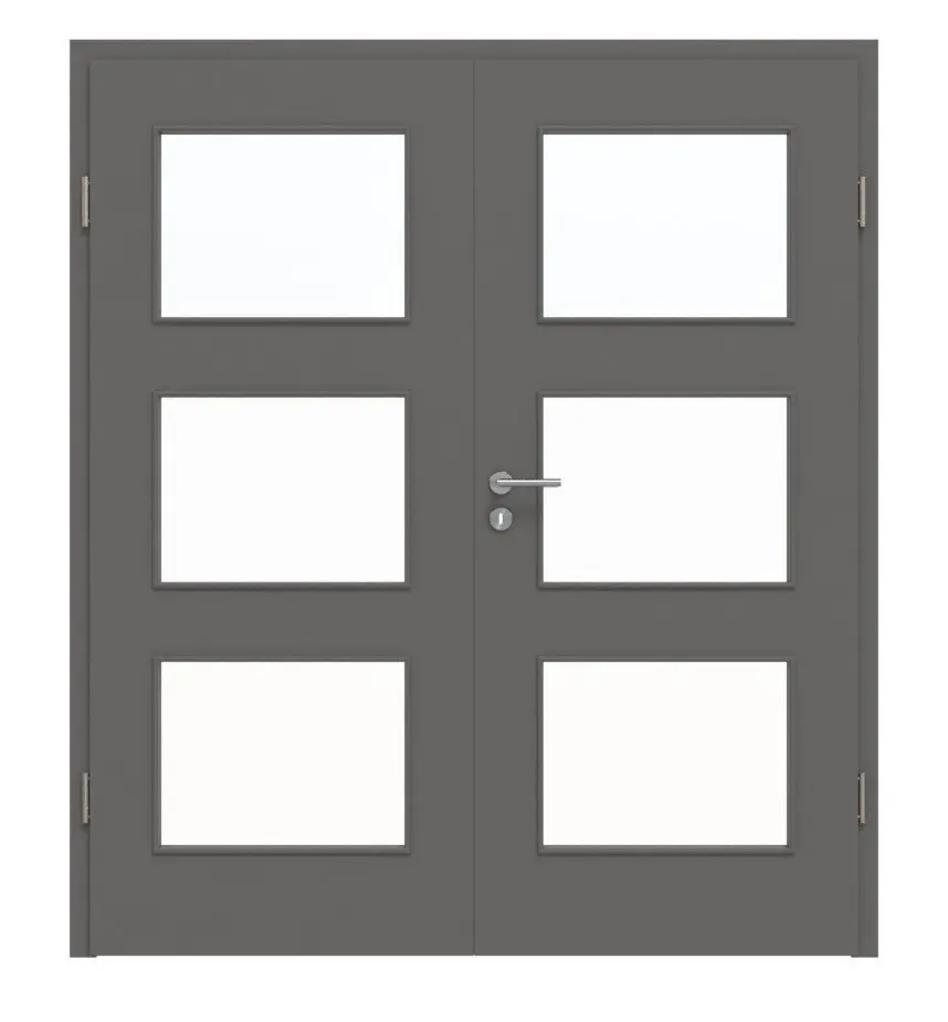 Widok frontowy drzwi dwuskrzydłowych Huga Hygge szary RAL 7037 Duradecor Basic z przeszkleniem LA 11 z ościeżnicą.