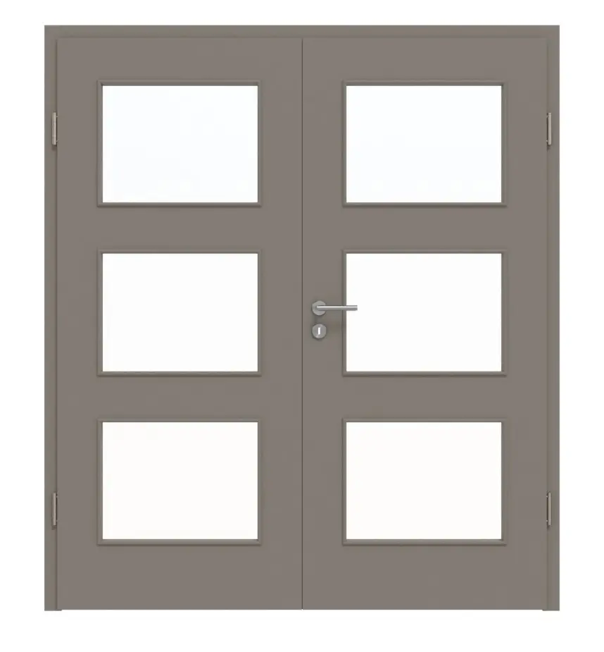 HÖRMANN drzwi dwuskrzydłowe taupe (kolor ciemnoszaro-brązowy) RAL 7048 lakier ProLine z przeszkleniem LA-11 z ościeżnicą