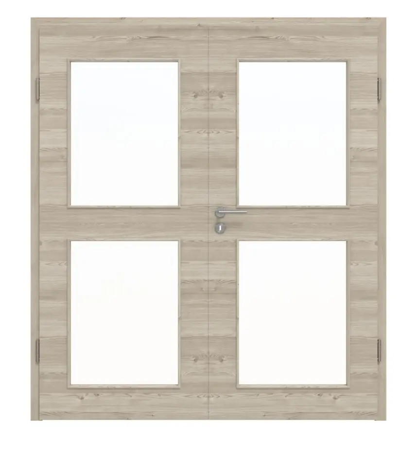 HÖRMANN drzwi 2-skrzydłowe szczotkowane, modrzew jasny wzdłuż, Duradecor ProLine z przeszkleniem LA 12 z ościeżnicą.