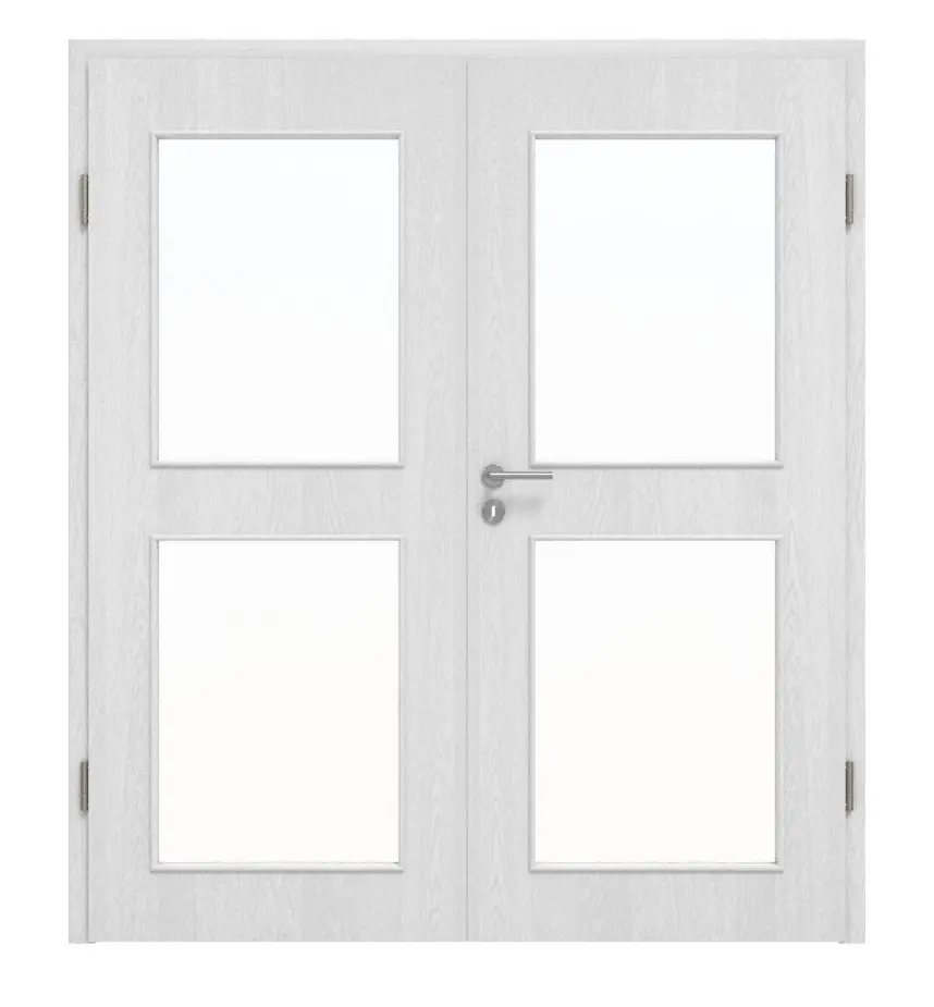 Widok frontowy marki Huga drzwi dwuskrzydłowe dąb biały Durat Basic z przeszkleniem LA 12 z ościeżnicą