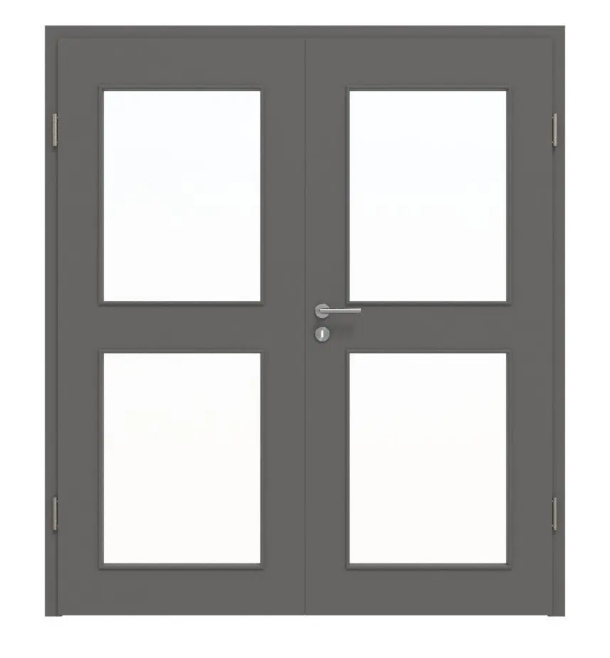 Widok frontowy drzwi dwuskrzydłowych Huga Hygge szary RAL 7037 Duradecor Basic z przeszkleniem LA 12 z ościeżnicą.