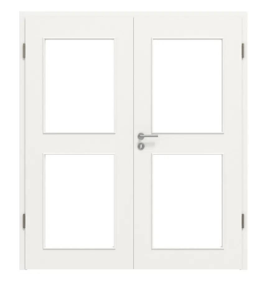 Widok frontowy białych drzwi dwuskrzydłowych LA 12 Basic Lack podobnych do RAL 9016 wraz z ościeżnicą - Huga