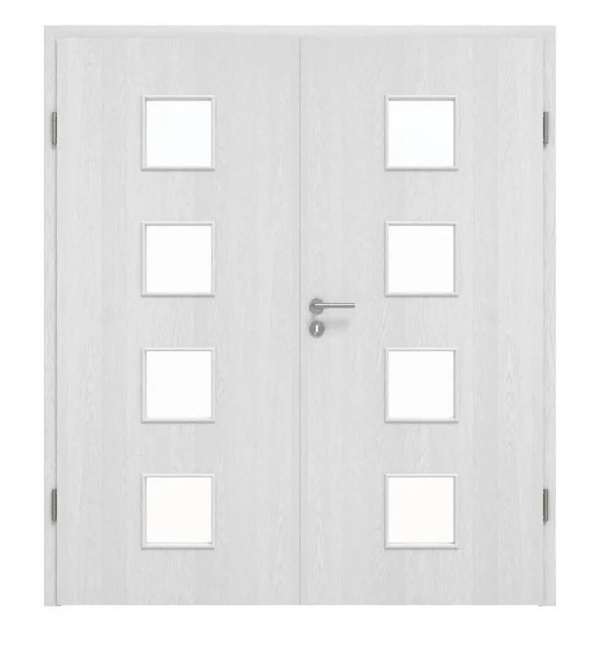 Widok frontowy marki Huga drzwi dwuskrzydłowe dąb biały Durat Basic z przeszkleniem LA 14 z ościeżnicą