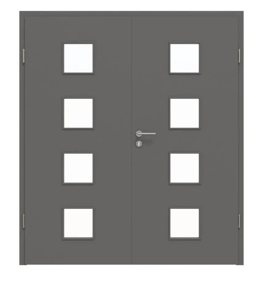 Widok frontowy drzwi dwuskrzydłowych Hygge marki Huga, szary RAL 7037 Duradecor Basic z przeszkleniem LA 14 z ościeżnicą.