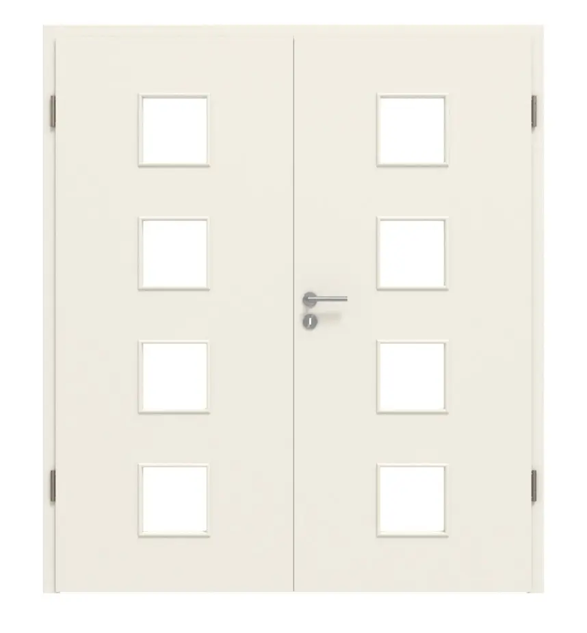 Widok frontowy: biały podobny do RAL 9010, lakierowane drzwi dwuskrzydłowe LA 14 Basic z ościeżnicą - Huga