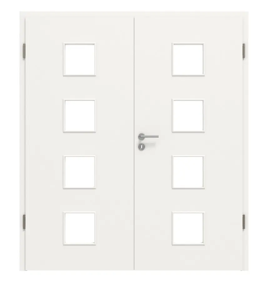 Widok frontowy: białe drzwi dwuskrzydłowe RAL 9016 LA 14 Basic Durat z ościeżnicą - Huga
