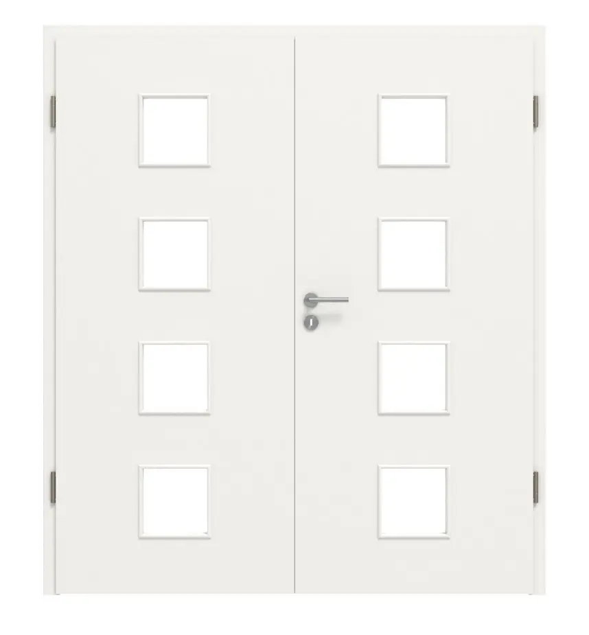 Widok frontowy białych podobnych do RAL 9016 LA 14 Basic lakierowanych drzwi dwuskrzydłowych z ościeżnicą - Huga