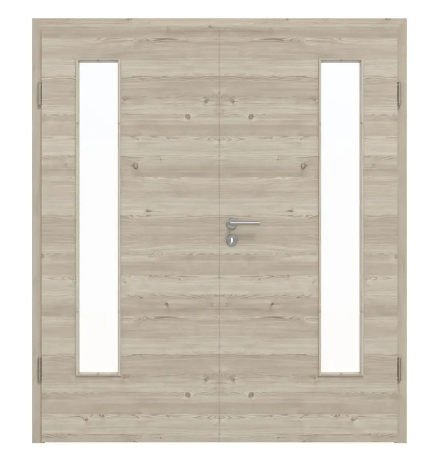 HÖRMANN drzwi dwuskrzydłowe szczotkowane modrzew jasny wzdłuż Duradecor ProLine z przeszklenie LA 24 po stronie zawiasów z ościeżnica