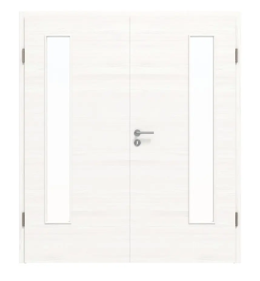 HÖRMANN drzwi dwuskrzydłowe biel szczotkowana wzdłuż Duradecor ProLine z przeszkleniem LA 24 po stronie zawiasów z ościeżnicą