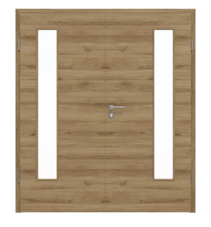 HÖRMANN drzwi dwuskrzydłowe dąb naturalny wzdłuż Duradecor ProLine z przeszkleniem LA 24 po stronie zawiasów z ościeżnicą