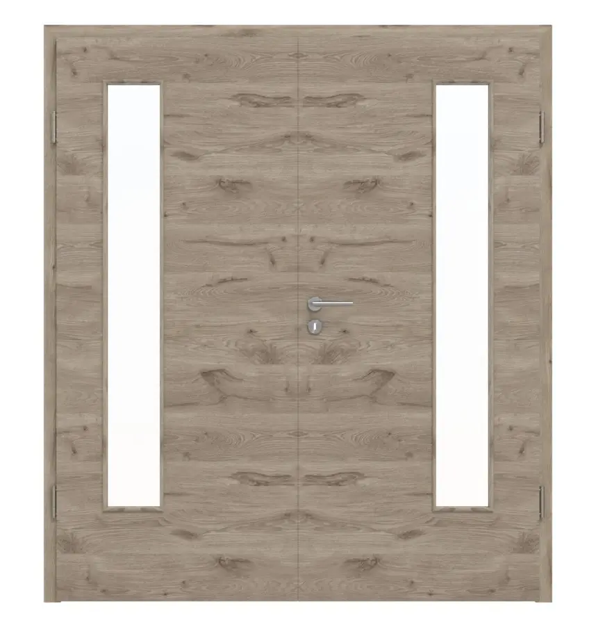 HÖRMANN drzwi dwuskrzydłowe Dąb północny wzdłuż Duradecor ProLine z przeszkleniem LA 24 po stronie zawiasów z ościeżnicą
