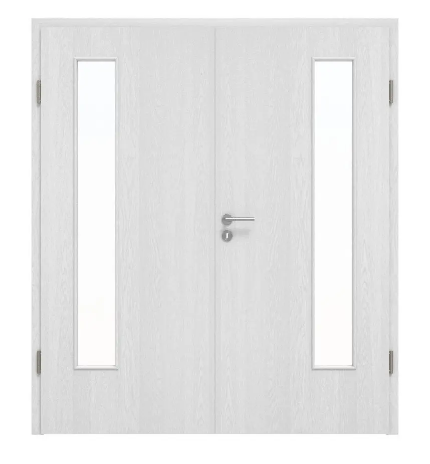 Widok frontowy drzwi dwuskrzydłowych Huga dąb biały Durat Basic z przeszkleniem LA 24 po stronie zawiasów z ościeżnicą.