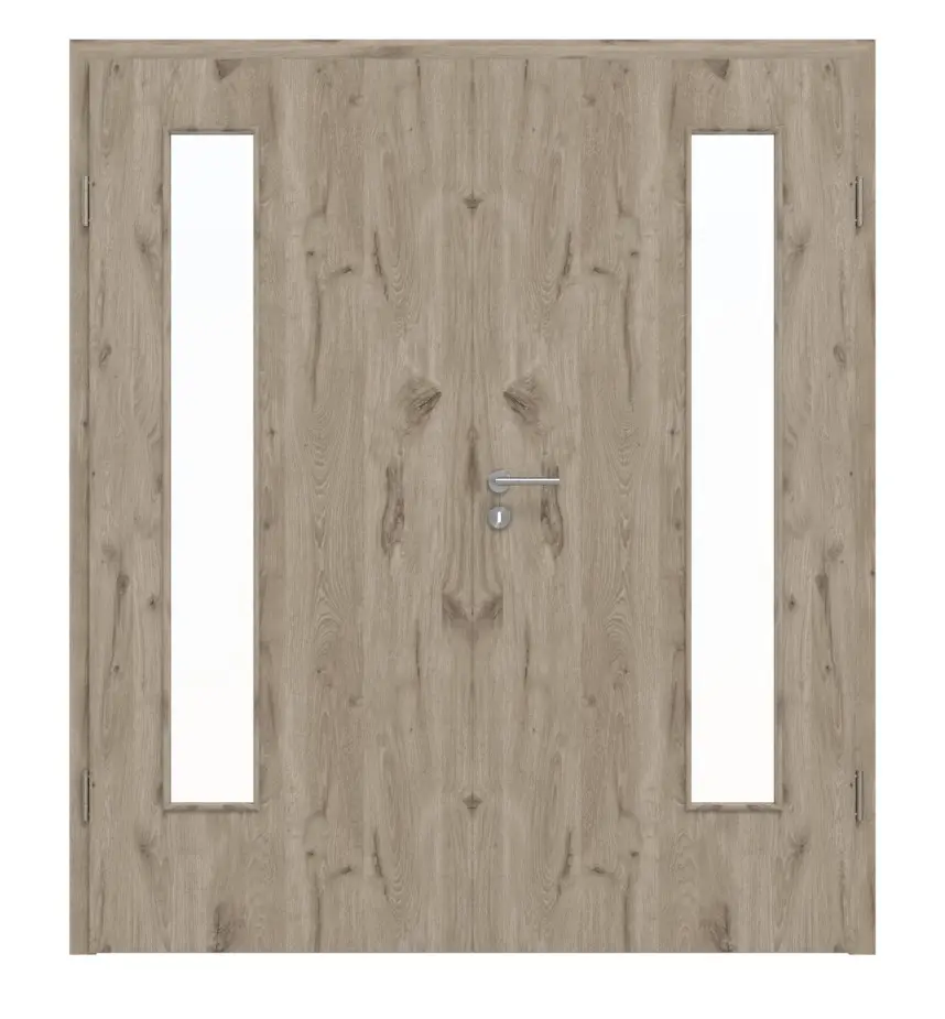 HÖRMANN drzwi dwuskrzydłowe Nordeiche Duradecor ProLine z przeszkleniem LA 24 po stronie zawiasów z ościeżnicą