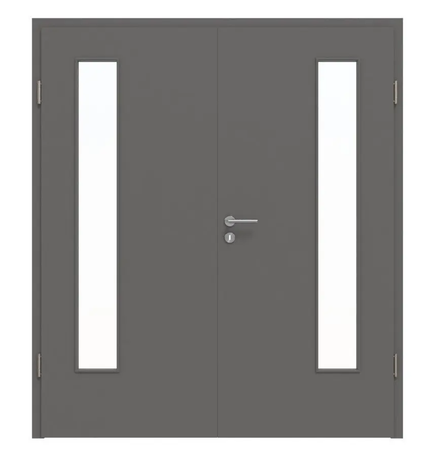 HÖRMANN drzwi dwuskrzydłowe szary stalowy RAL 7037 lakier ProLine z przeszkleniem LA-24 po stronie zawiasów z ościeżnicą