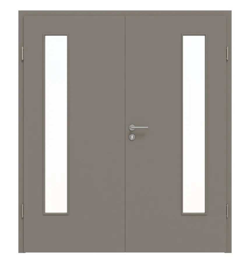 Widok frontowy drzwi dwuskrzydłowych LA 24 po stronie zawiasów Basic taupe (kolor ciemnoszaro-brązowy) RAL 7048 lakierowanych z ościeżnicą - Huga