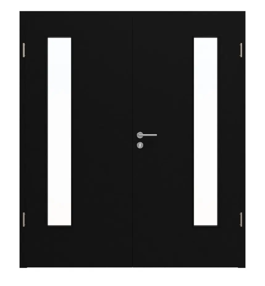 Widok frontowy drzwi dwuskrzydłowych LA-24 po stronie zawiasów BaseLine czarny lakier RAL 9005 wraz z ościeżnicą - Hörmann