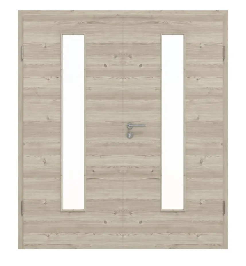 HÖRMANN drzwi 2-skrzydłowe szczotkowane modrzew jasny wzdłuż Duradecor ProLine z przeszkleniem LA 24 na środku z ościeżnicą