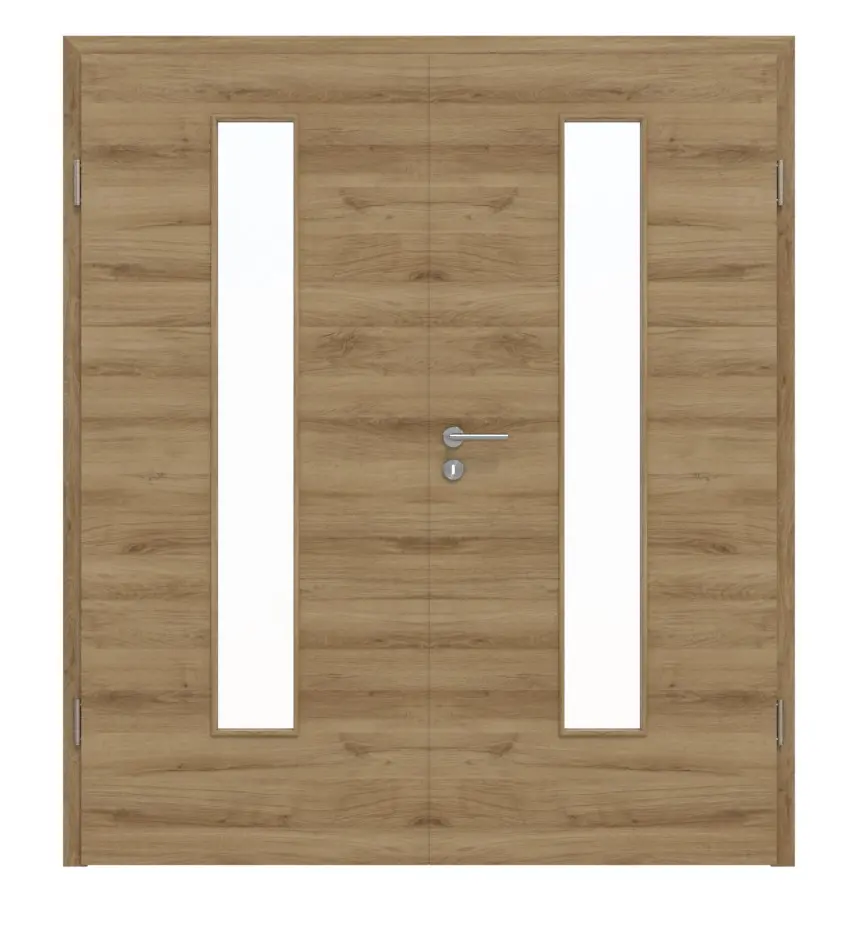 HÖRMANN drzwi dwuskrzydłowe dąb naturalny wzdłuż Duradecor ProLine z przeszkleniem LA 24 na środku z ościeżnicą