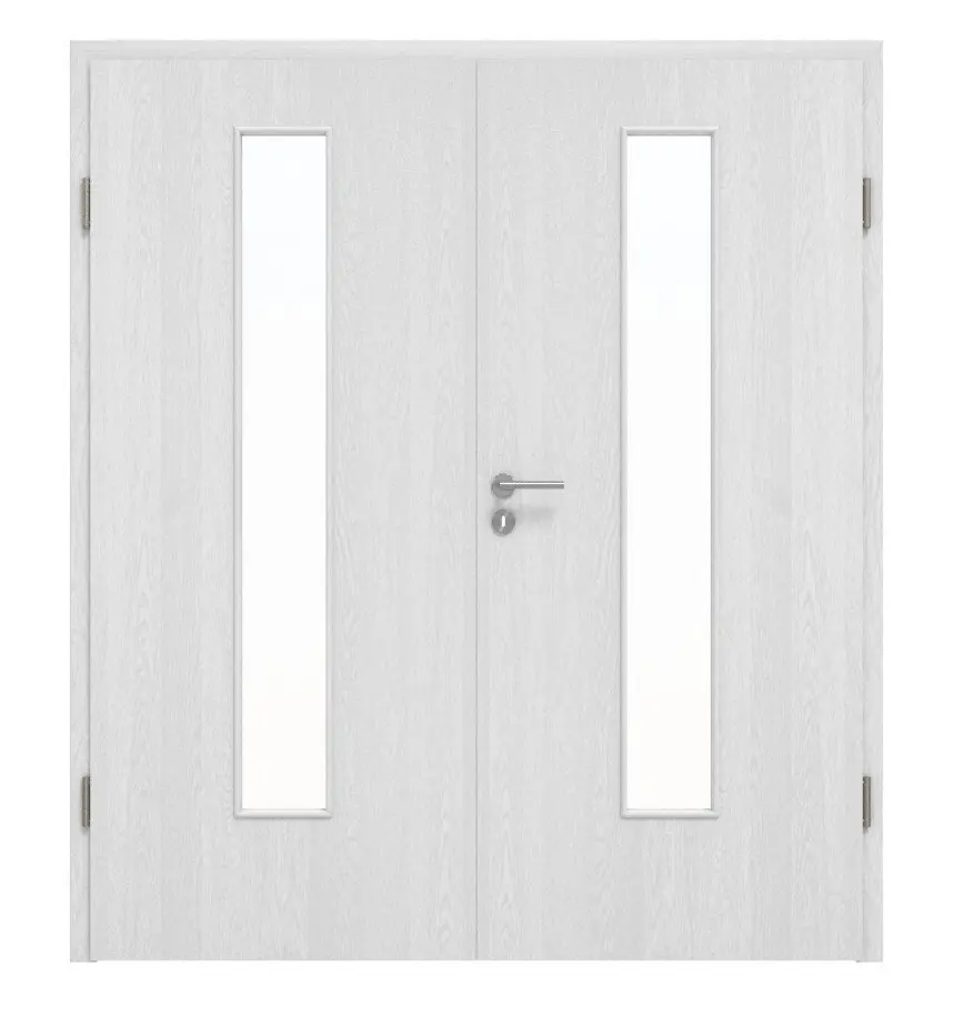 Widok frontowy drzwi dwuskrzydłowych Huga dąb biały Durat Basic z wycięciem na szybę LA 24 na środku z ościeżnicą