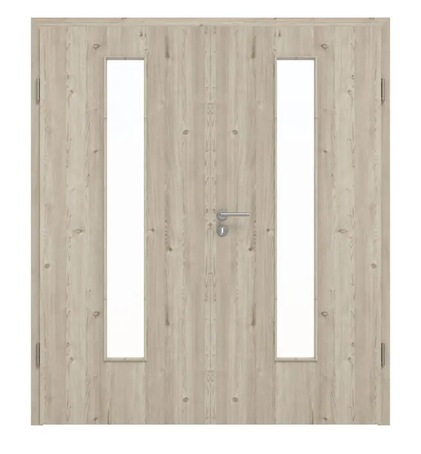 HÖRMANN drzwi 2-skrzydłowe szczotkowane modrzew jasny Duradecor ProLine z przeszkleniem LA 24 na środku z ościeżnicą