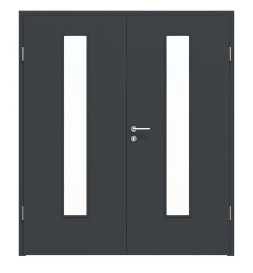 HÖRMANN drzwi dwuskrzydłowe szary antracytowy lakier ProLine z przeszkleniem LA-24 pośrodku i ościeżnicą
