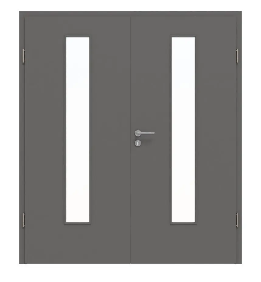 Widok frontowy drzwi dwuskrzydłowych Huga Hygge szary RAL 7037 Duradecor Basic z przeszkleniem LA 24 z ościeżnicą