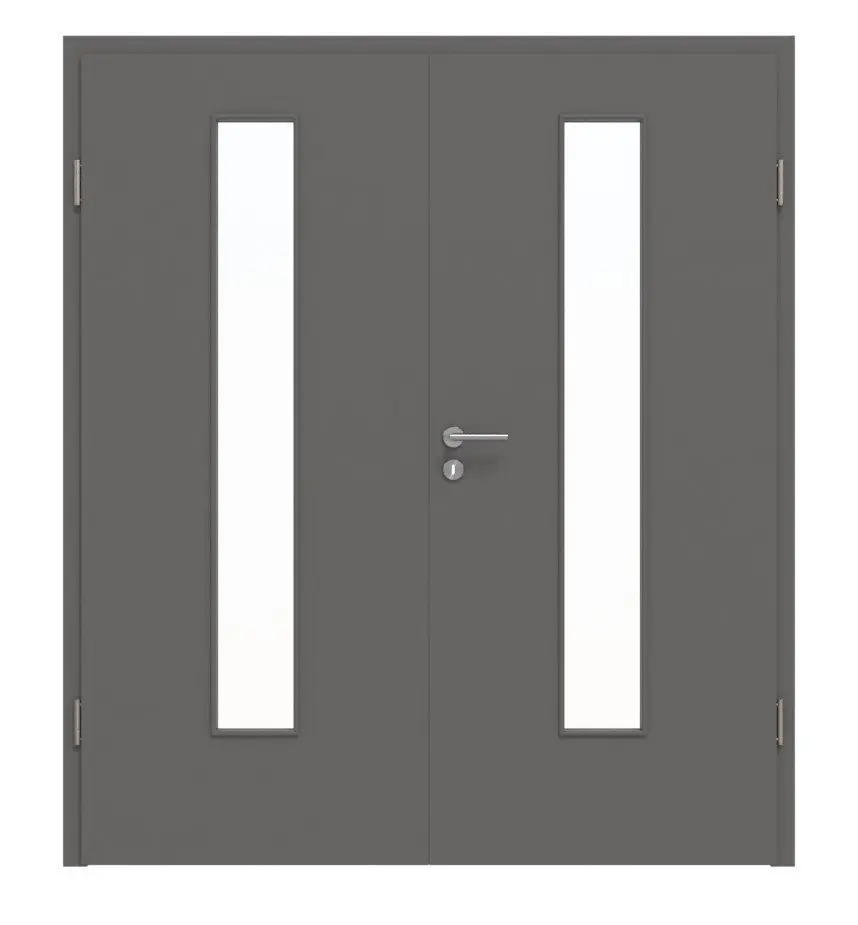 HÖRMANN Drzwi dwuskrzydłowe szary pył RAL 7037 lakier ProLine z przeszkleniem LA-24 na środku z ościeżnicą
