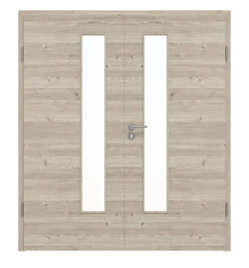 HÖRMANN drzwi 2-skrzydłowe szczotkowany modrzew jasny wzdłuż Duradecor ProLine z przeszkleniem LA 24 od strony zamka z ościeżnicą