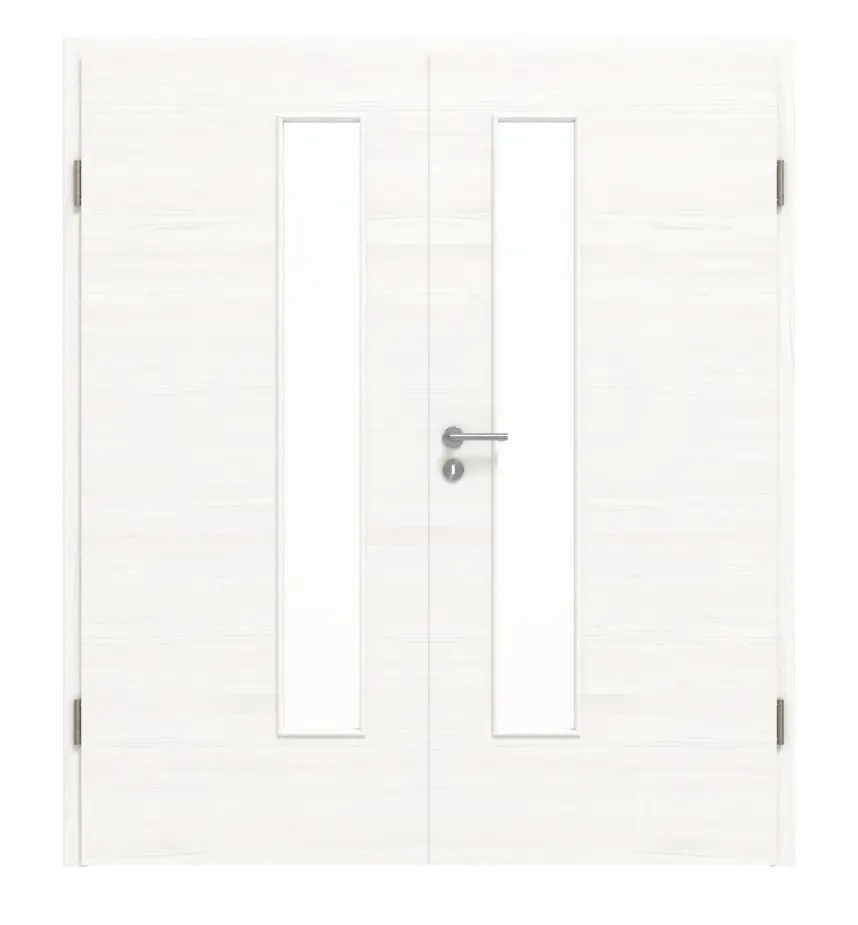 HÖRMANN drzwi dwuskrzydłowe biel szczotkowana wzdłuż Duradecor ProLine z przeszkleniem LA 24 od strony zamka z ościeżnicą