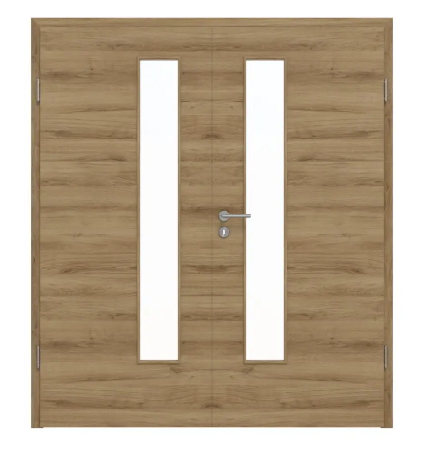 HÖRMANN drzwi dwuskrzydłowe dąb naturalny wzdłuż Duradecor ProLine z przeszkleniem LA 24 od strony zamka z ościeżnicą.