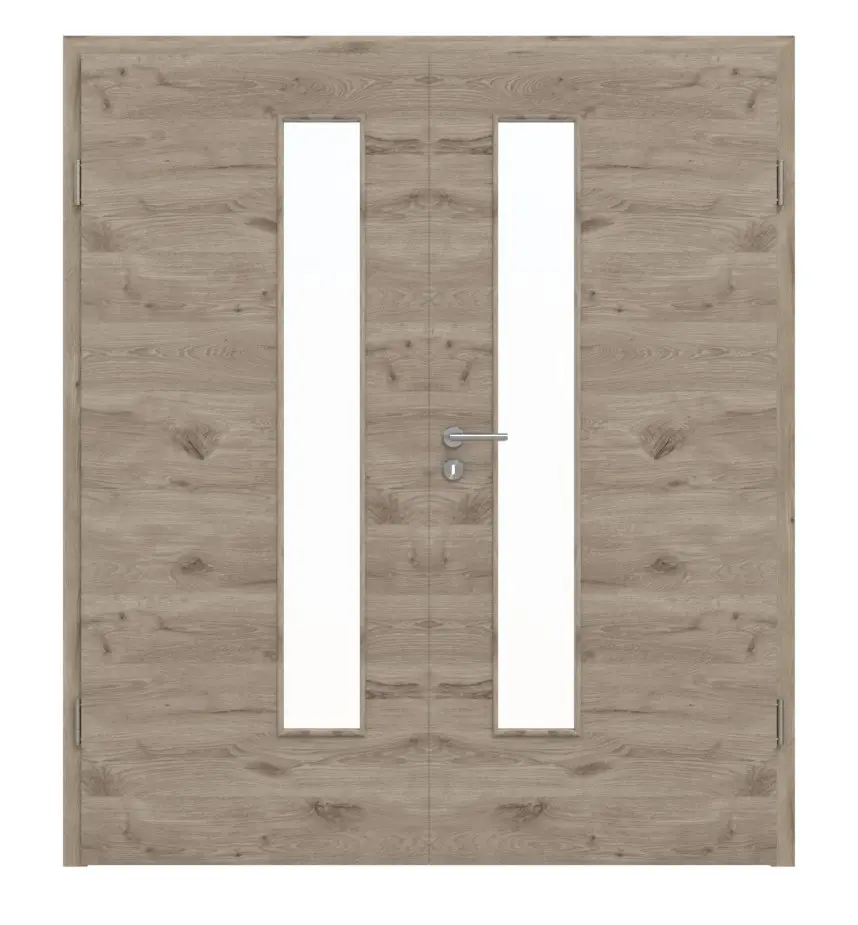 HÖRMANN drzwi dwuskrzydłowe Nordeiche wzdłuż Duradecor ProLine z przeszkleniem LA 24 od strony zamka z ościeżnicą