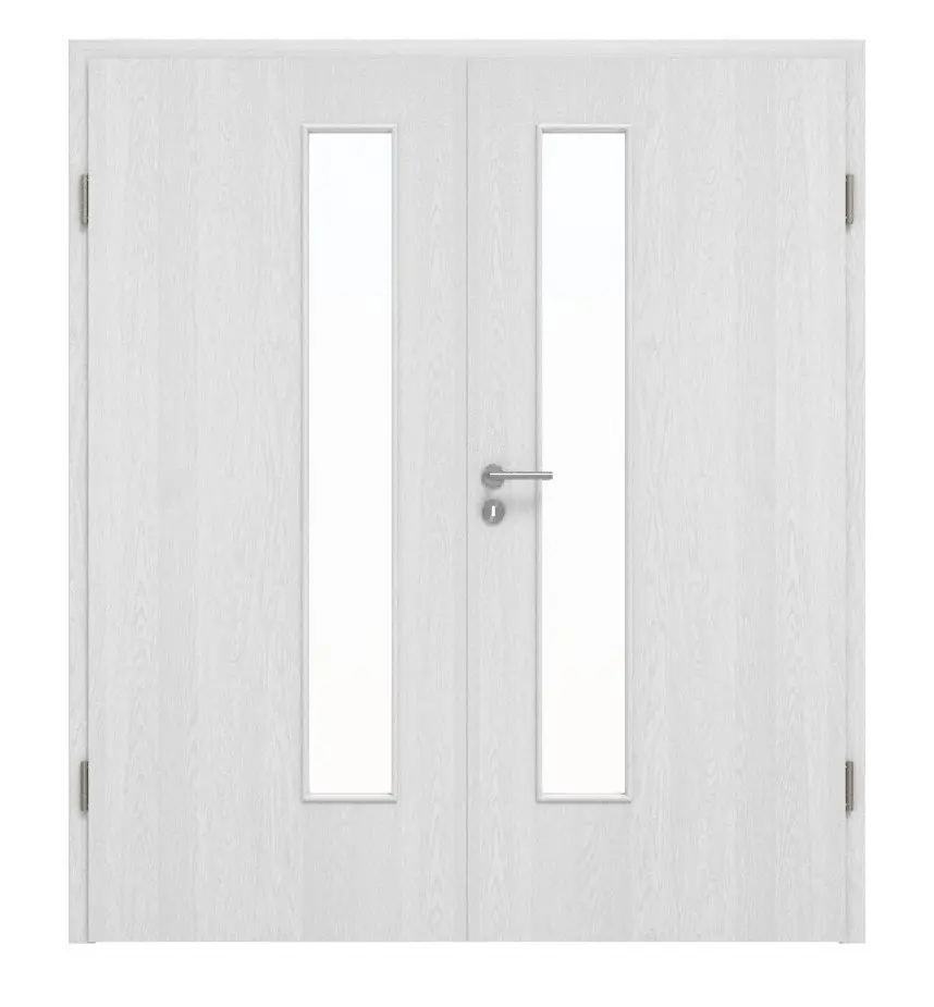 Widok frontowy drzwi dwuskrzydłowych Huga dąb biały Durat Basic z przeszkleniem LA 24 od strony zamka z ościeżnicą.