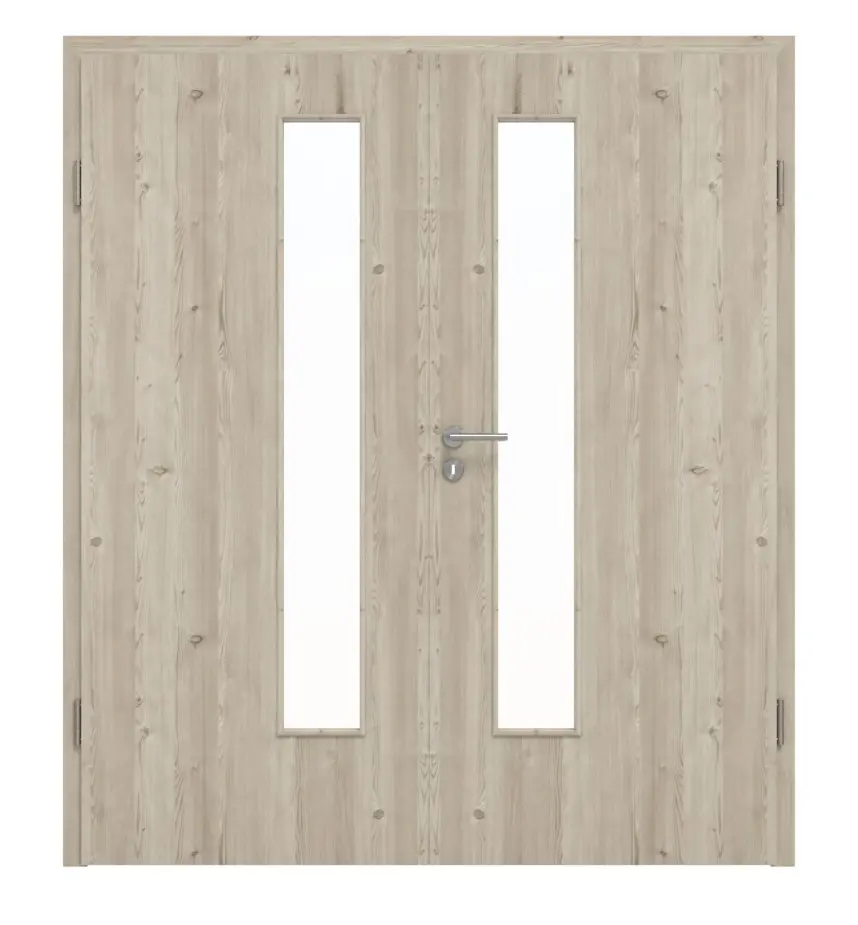 HÖRMANN drzwi 2-skrzydłowe szczotkowany modrzew jasny Duradecor ProLine z przeszkleniem LA 24 od strony zamka z ościeżnicą
