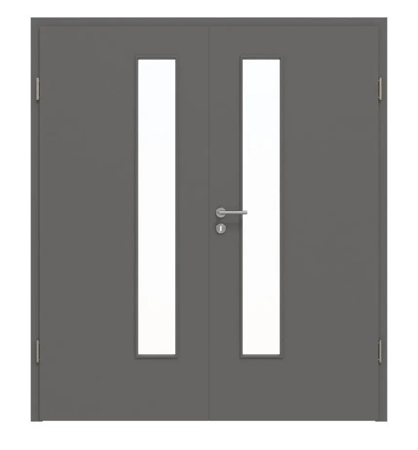 HÖRMANN drzwi dwuskrzydłowe szary stalowy RAL 7037 lakier ProLine z przeszkleniem LA-24 od strony zamka z ościeżnicą