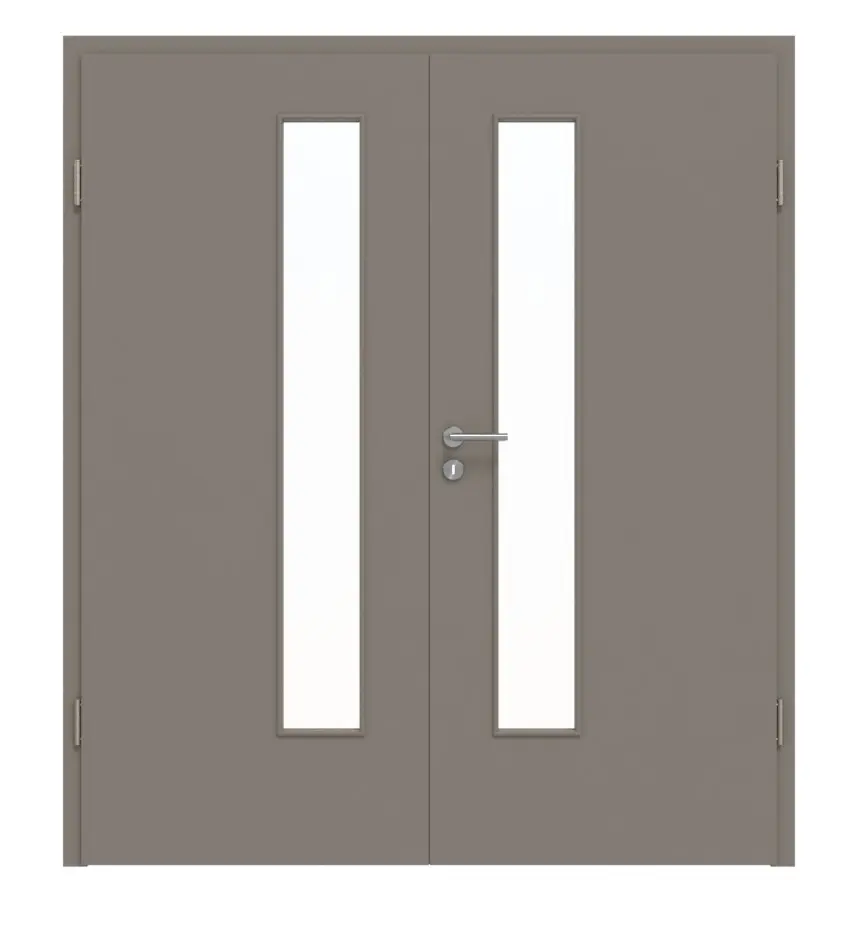 Widok frontowy drzwi dwuskrzydłowych LA 24 od strony zamka Basic taupe (kolor ciemnoszaro-brązowy) RAL 7048 lakierowane z ościeżnicą - Huga