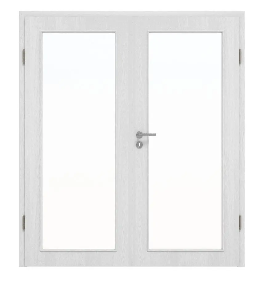 Widok frontowy drzwi dwuskrzydłowych marki Huga, dąb biały Durat Basic z przeszkleniem LA 27 i ościeżnicą