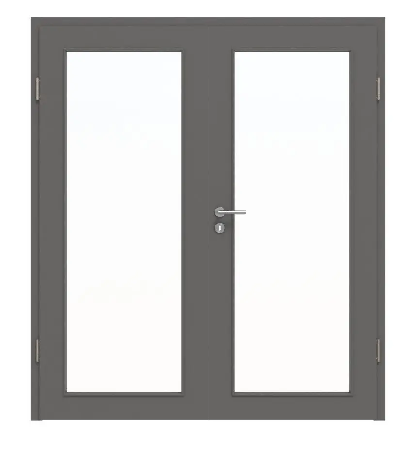 Widok frontowy marki Huga drzwi dwuskrzydłowe Hygge szary RAL 7037 Duradecor Basic z przeszkleniem LA 27 z ościeżnicą