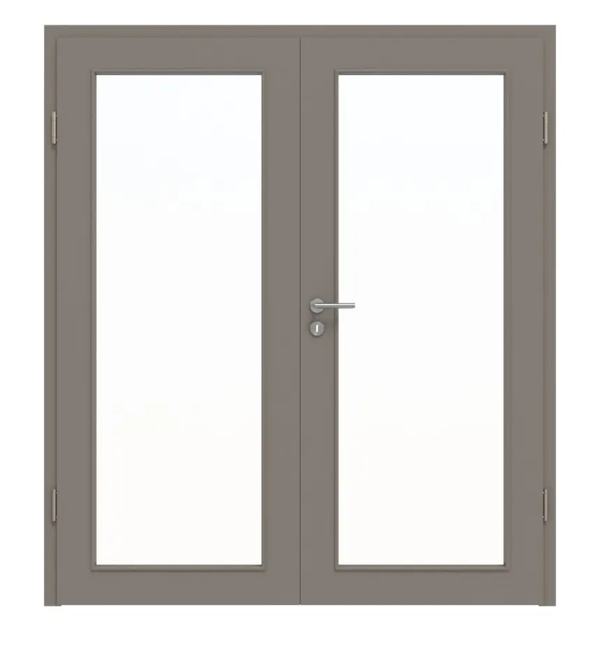 HÖRMANN drzwi dwuskrzydłowe taupe (kolor ciemnoszaro-brązowy) RAL 7048 lakier ProLine z przeszkleniem LA-27 z ościeżnicą