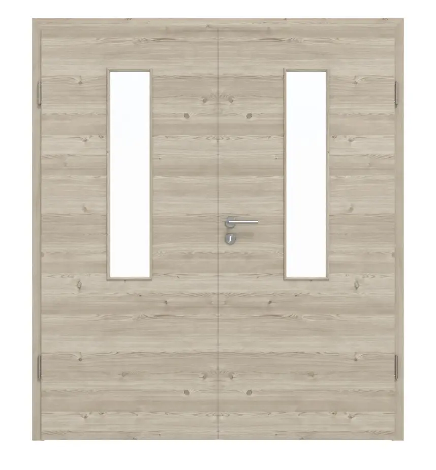 HÖRMANN drzwi 2-skrzydłowe szczotkowane modrzew jasny wzdłuż Duradecor ProLine z przeszkleniem LA 4 na środku z ościeżnicą