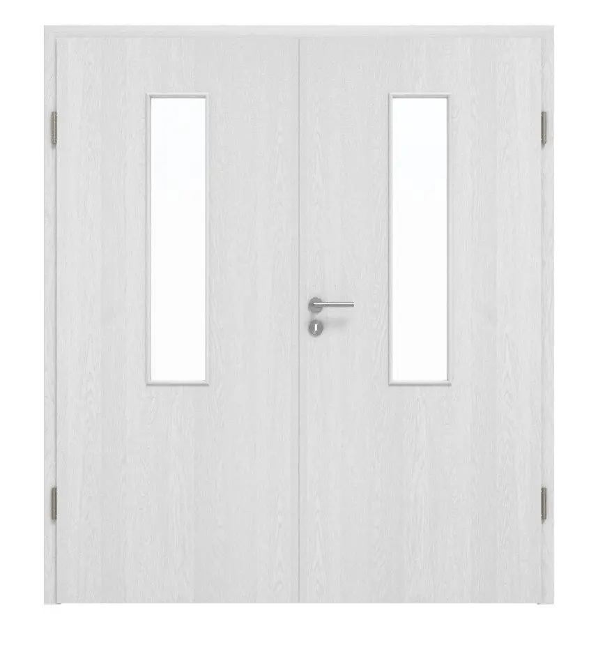 Widok frontowy marki Huga, drzwi dwuskrzydłowe dąb biały Durat Basic z przeszkleniem 4 LA na środku z ościeżnicą