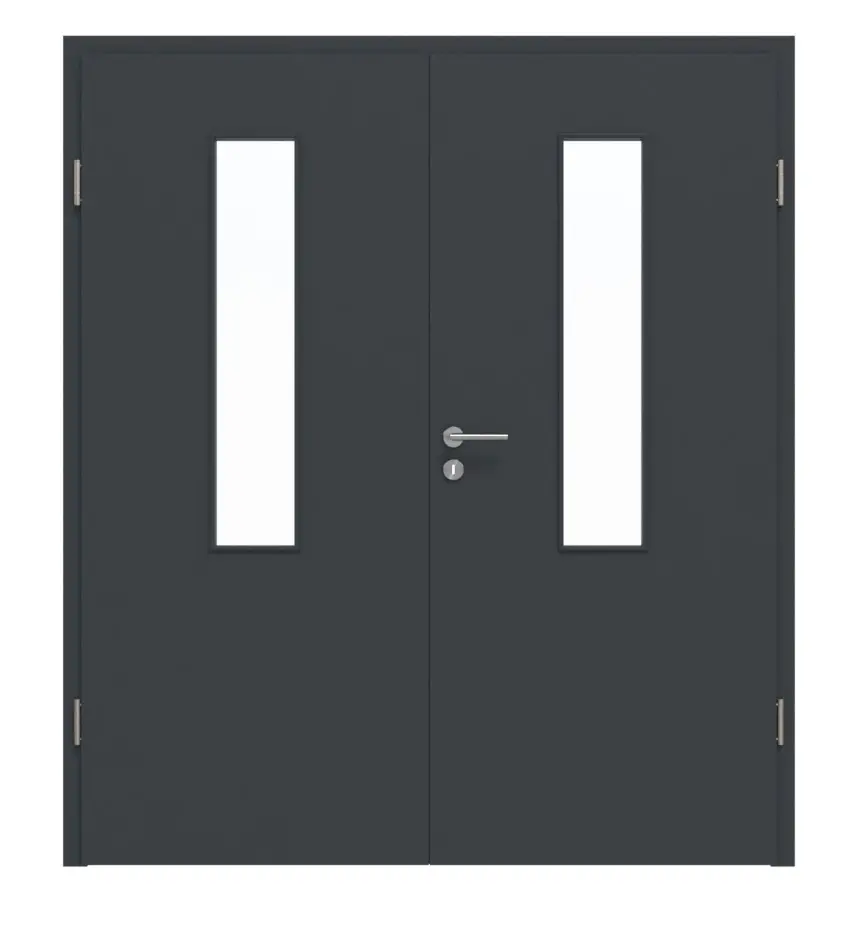 Widok frontowy firmy HUGA drzwi dwuskrzydłowe antracyt podobny do RAL 7016 lakier Basic z przeszkleniem LA-4 na środku z ościeżnicą