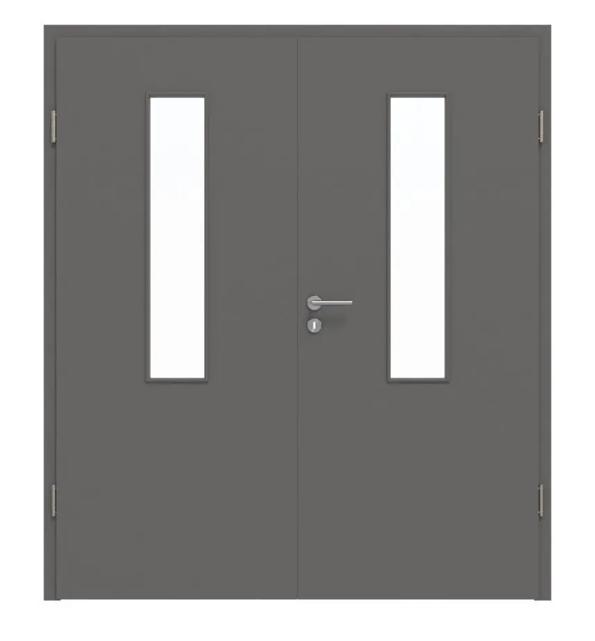 Widok frontowy marki Huga, drzwi dwuskrzydłowe Hygge, szary RAL 7037 Duradecor Basic, przeszklenie 4 LA na środku, ościeżnica