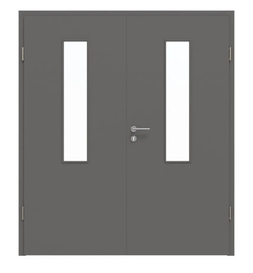 HÖRMANN drzwi dwuskrzydłowe szary stalowy RAL 7037 lakier ProLine z przeszkleniem LA-4 na środku z ościeżnicą
