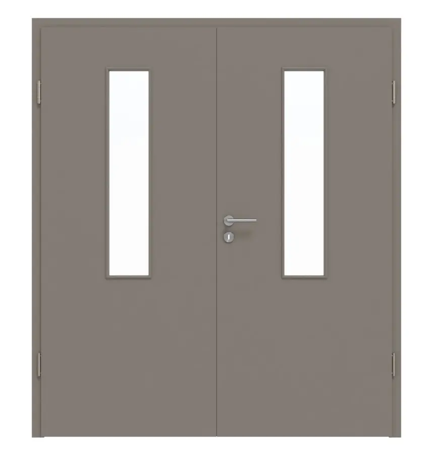 HÖRMANN drzwi dwuskrzydłowe taupe (kolor ciemnoszaro-brązowy) RAL 7048 lakier ProLine z przeszkleniem LA-4 na środku z ościeżnicą
