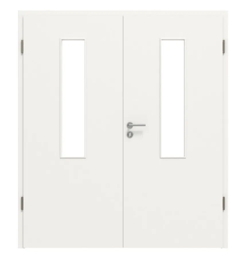 HÖRMANN Drzwi dwuskrzydłowe w kolorze białym drogowym RAL 9016 Duradecor ProLine z przeszkleniem LA 4 na środku z ościeżnicą