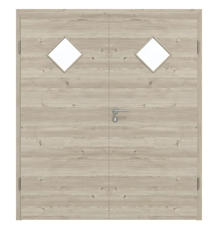 HÖRMANN drzwi dwuskrzydłowe szczotkowany modrzew jasny wzdłuż Duradecor ProLine z przeszkleniem LA 6 romb z ościeżnicą