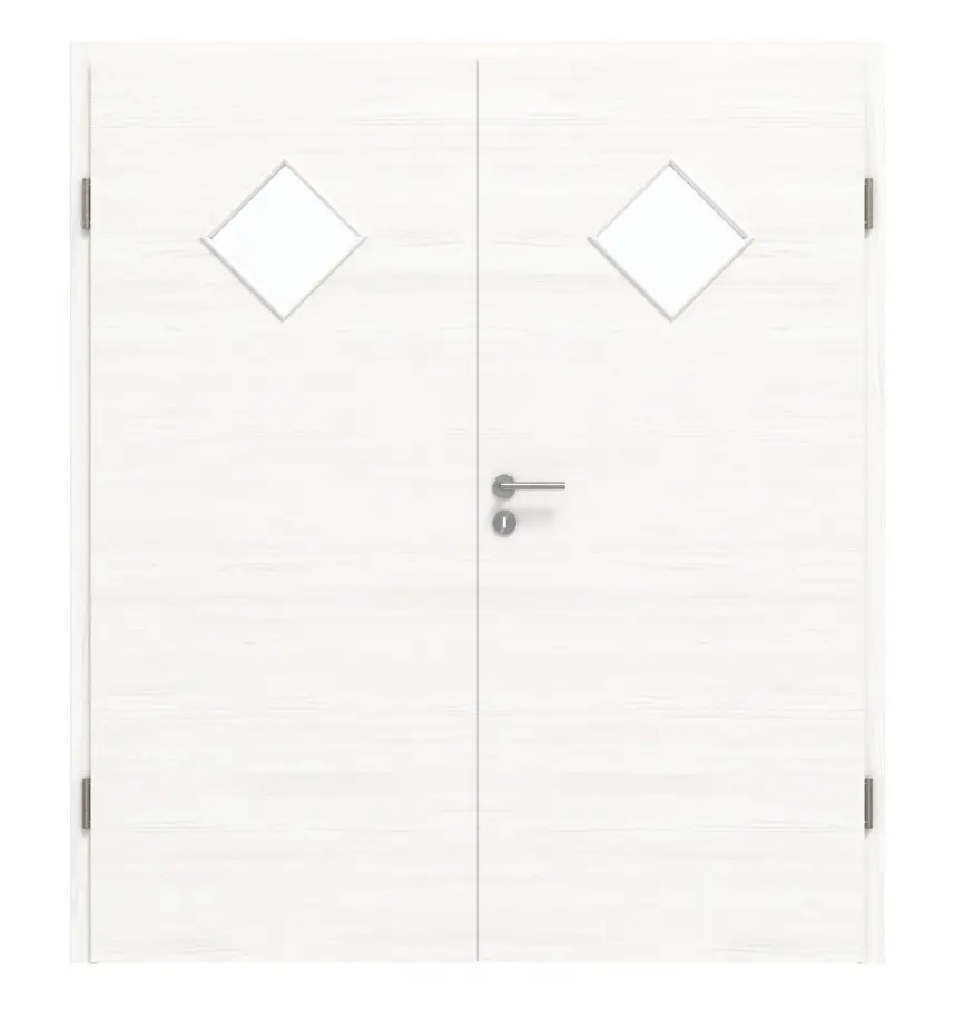 HÖRMANN drzwi dwuskrzydłowe biel szczotkowana wzdłuż Duradecor ProLine z przeszkleniem LA 6 romb z ościeżnicą.