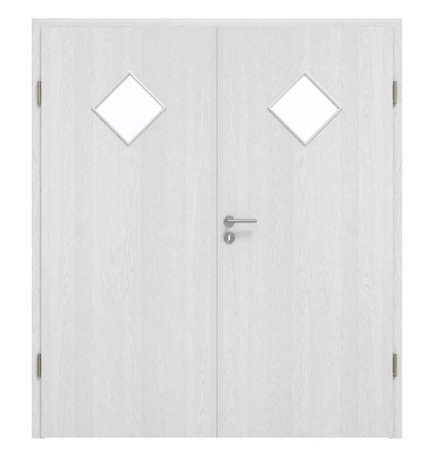 Widok frontowy drzwi dwuskrzydłowych Huga dąb biały Durat Basic z przeszkleniem LA 6 Karo z ościeżnicą