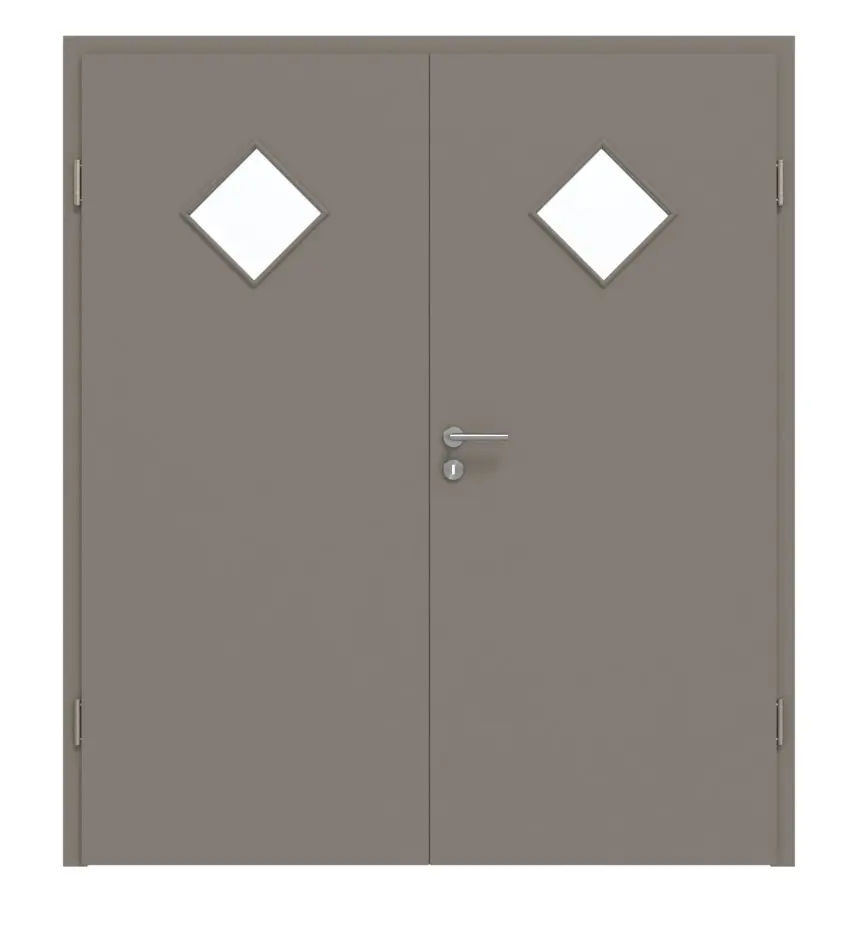 HÖRMANN drzwi dwuskrzydłowe taupe (kolor ciemnoszaro-brązowy) RAL 7048 lakier ProLine z przeszkleniem LA-6 romb z ościeżnicą